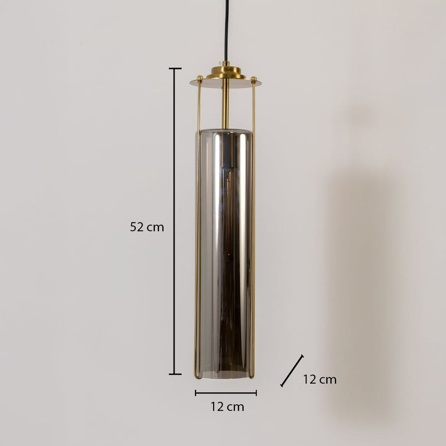 Smoked glass pendant light with dimensions labeled 52 cm height and 12 cm width featuring a tall cylindrical body and brass frame.