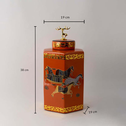 Decorative ceramic jar with gold reindeer top and horse artwork showing 38 cm height and 19 cm width for home styling reference.