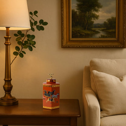 Elegant orange ceramic jar with golden reindeer lid displayed on a wooden side table beside a lamp adding a royal touch to interior decor.