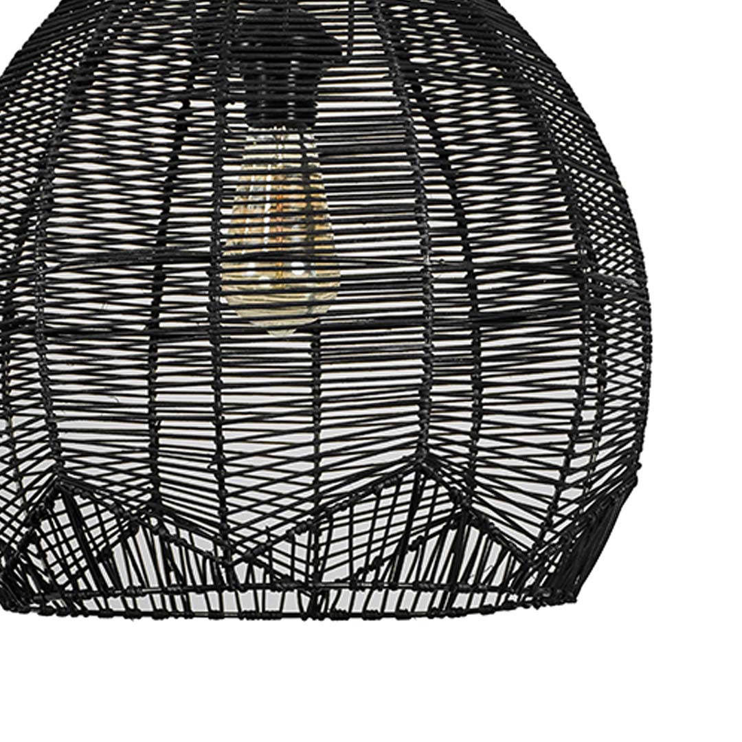 Detailed closeup shot of black rattan pendant lamp showcasing intricate handwoven details and the warm-toned central bulb.