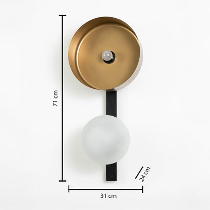 Wall lamp with 71 cm height and 31 cm width features gold top shade and frosted globe on matte black frame.