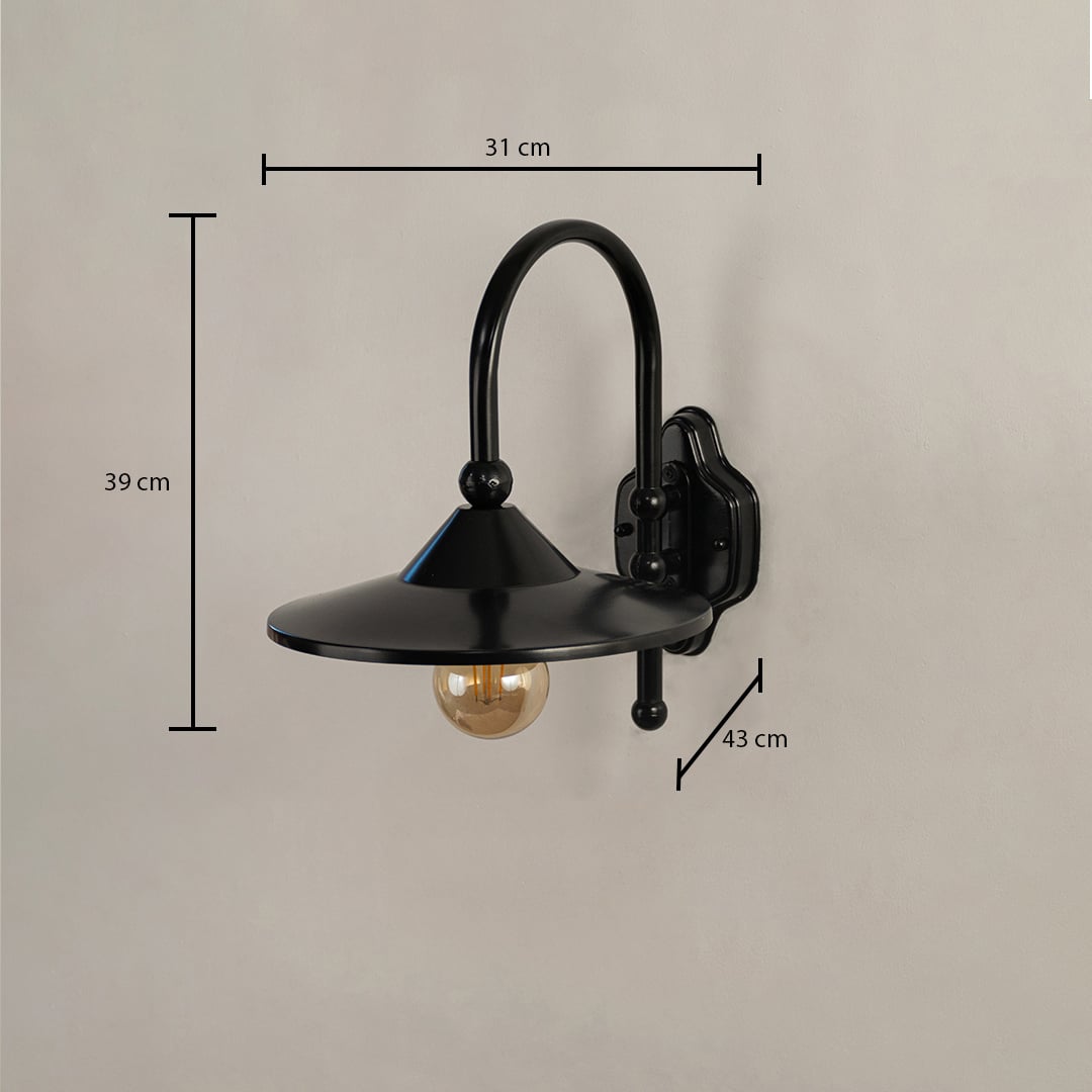 Black metal wall light with size details showing 39 cm height 31 cm width and 43 cm depth clearly displayed on a plain background.
