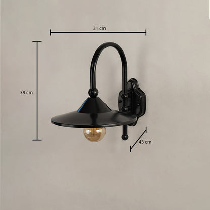 Black metal wall light with size details showing 39 cm height 31 cm width and 43 cm depth clearly displayed on a plain background.