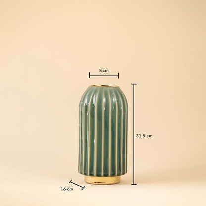 Green ribbed ceramic vase showing 22 cm height and 12 cm width dimensions suitable for console table or shelf decor placement.
