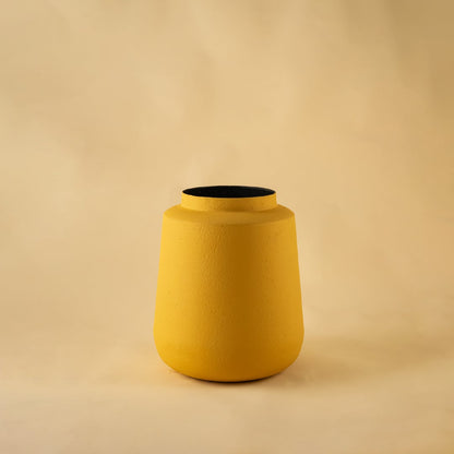 Yellow metal textured vase decor on a clean white background highlighting its bright matte finish for versatile home styling.