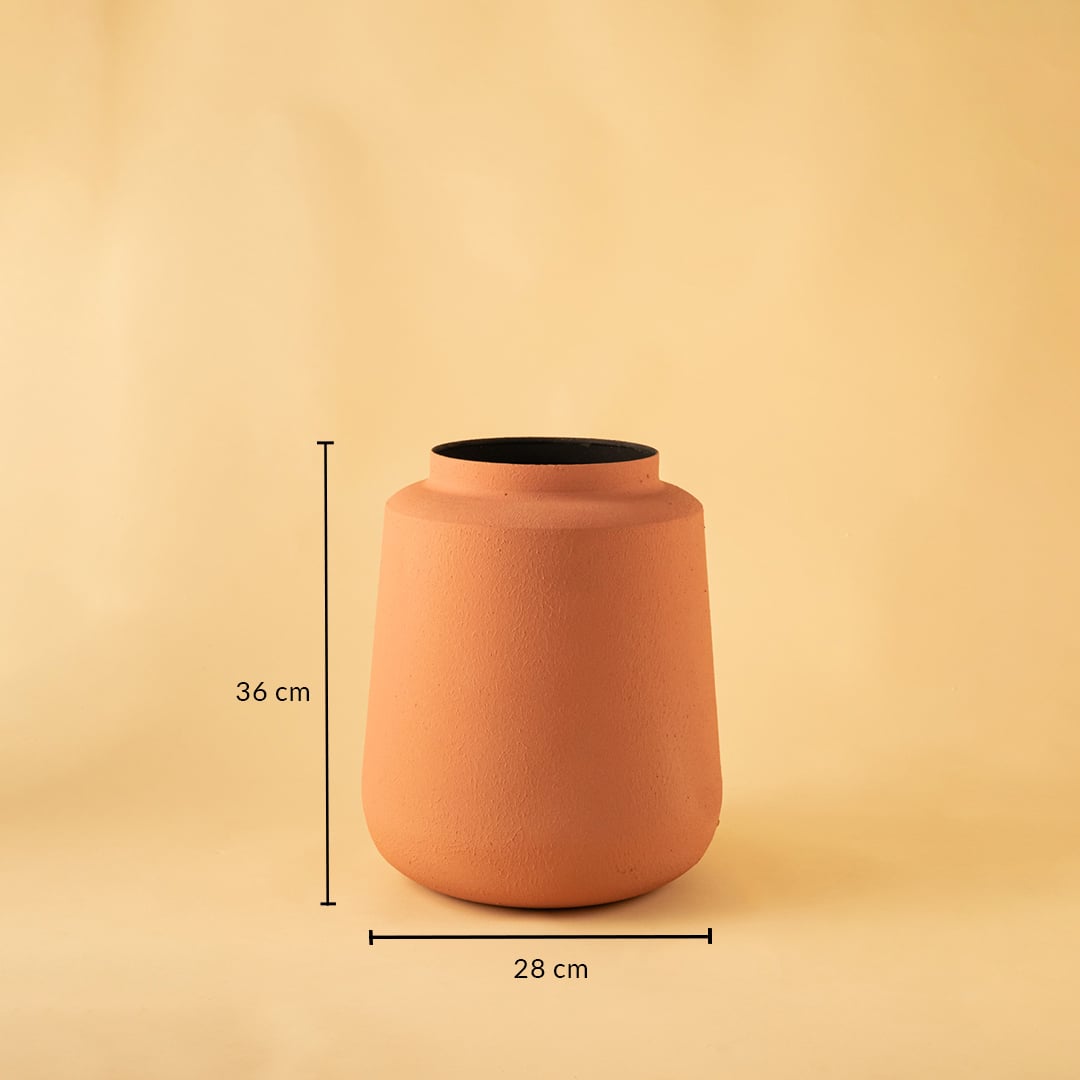 Terracotta metal textured vase decor with width 28 cm and height 36 cm shown clearly for accurate size reference.