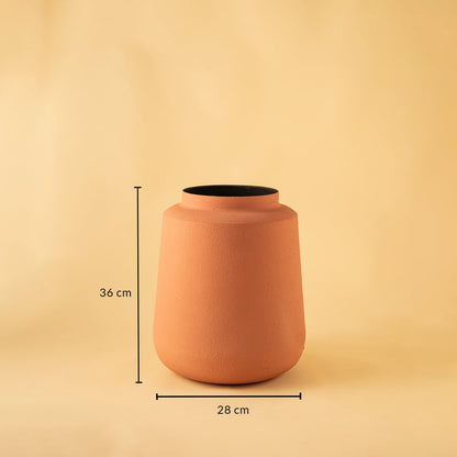 Terracotta metal textured vase decor with width 28 cm and height 36 cm shown clearly for accurate size reference.