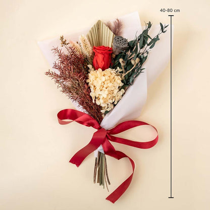 Infinity Rose Red preserved bouquet size reference 40–80 cm includes red rose off-white hydrangea and dried greenery as a decorative floral arrangement.