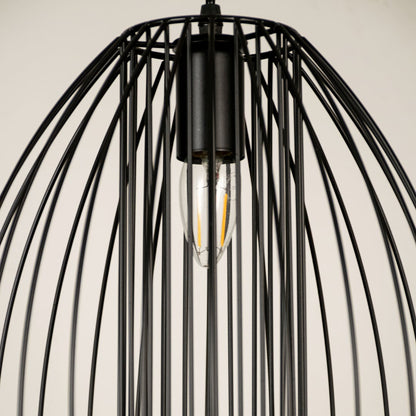 Close view of black cage pendant light showing detailed metal rods and clean craftsmanship with sleek industrial modern finish.