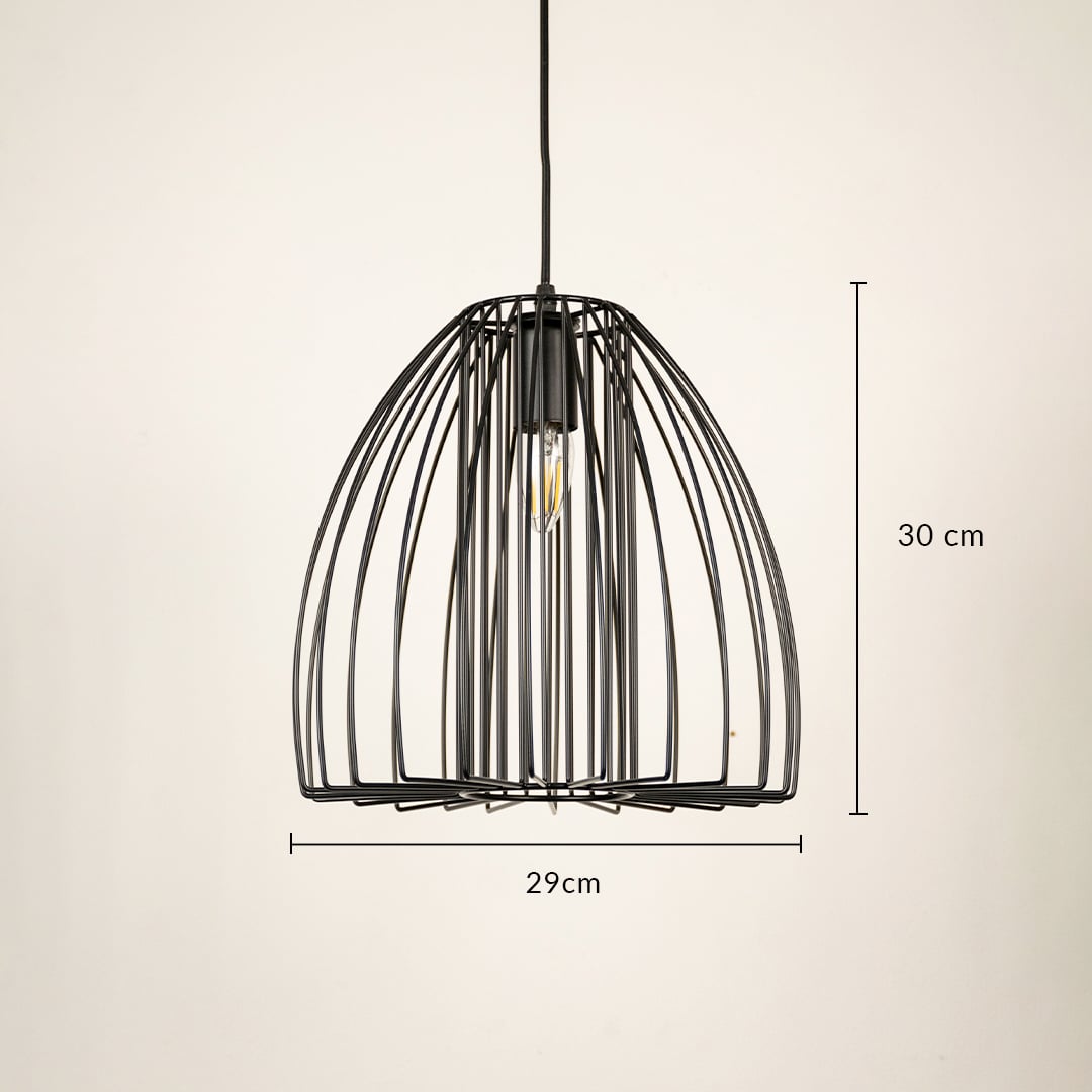 Black metal cage pendant light showing 30 cm height and 25 cm width designed for dining kitchen and cafe ceiling lighting.