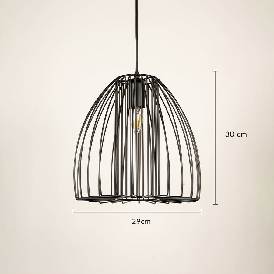 Black metal cage pendant light showing 30 cm height and 25 cm width designed for dining kitchen and cafe ceiling lighting.
