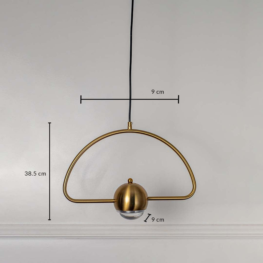 Golden pendant light with dome glass shade and arch frame measured 38.5x9 cm elegant ceiling lamp for bedroom and living spaces.