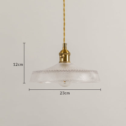 Dimension image of textured clear glass pendant light with brass holder showing 12 cm height and 23 cm width.