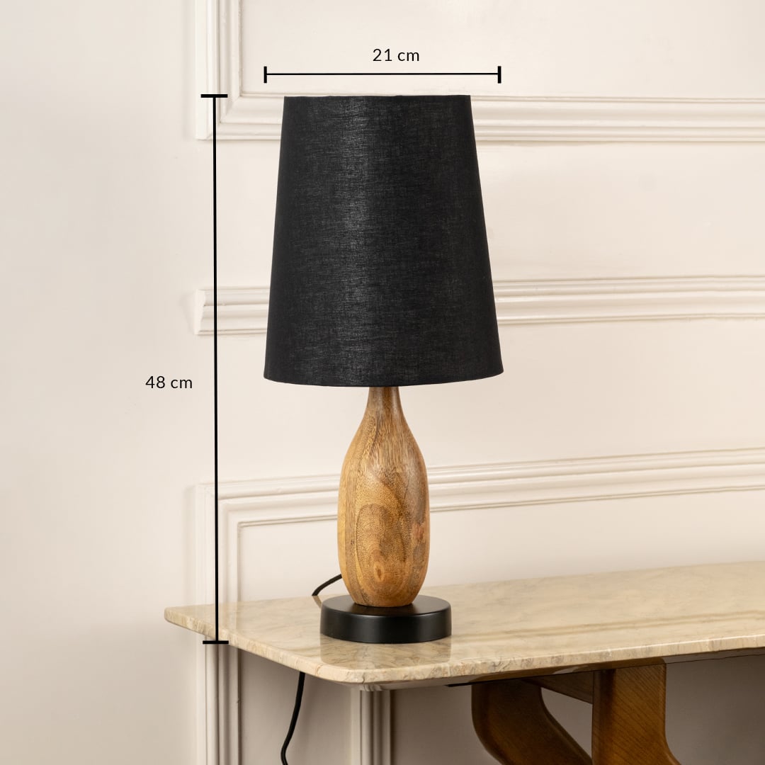 Natural wood table lamp with black fabric shade measuring 48 cm height and 21 cm width for contemporary interiors.