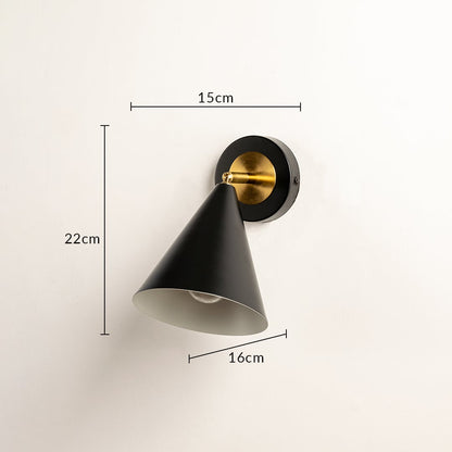 Black and gold wall sconce shown with 22 cm height 15 cm width and 16 cm depth highlighting its compact conical modern lighting design for interior decor.