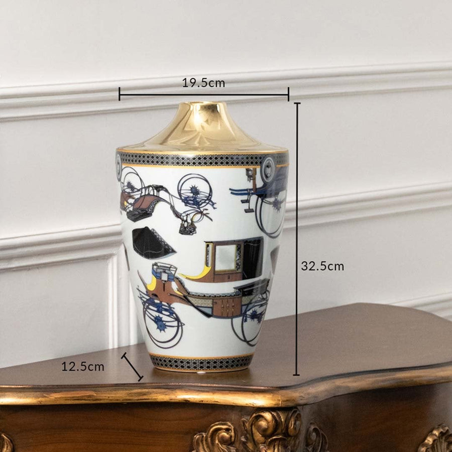Tall white ceramic jar with blue carriage artwork in a front view measuring 9.5 cm width and 32.5 cm height perfect for luxury décor styling.