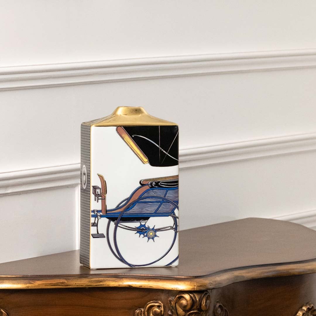 White square ceramic jar with blue horse artwork in a front view ideal for modern décor styling and decorative tabletop accents.