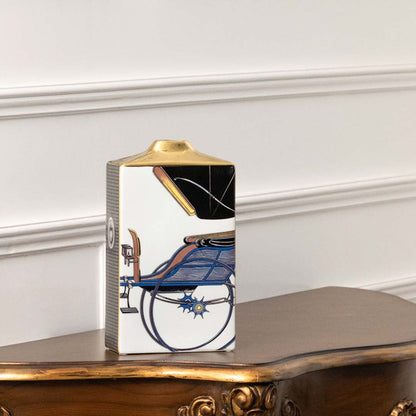 White square ceramic jar with blue horse artwork in a front view ideal for modern décor styling and decorative tabletop accents.