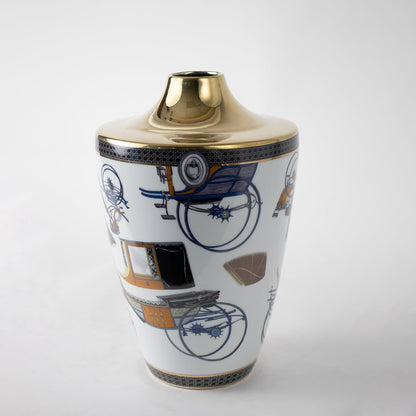 White ceramic jar with gold lid and blue geometric artwork in a front view perfect for modern décor styling and elegant tabletop display.