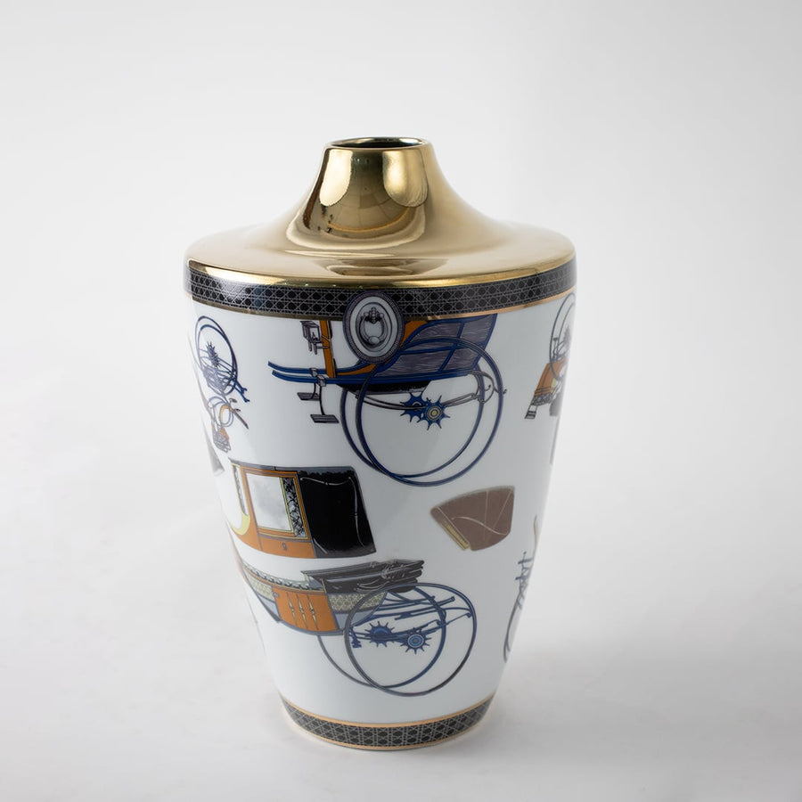 White ceramic jar with gold lid and blue geometric artwork in a front view perfect for modern décor styling and elegant tabletop display.