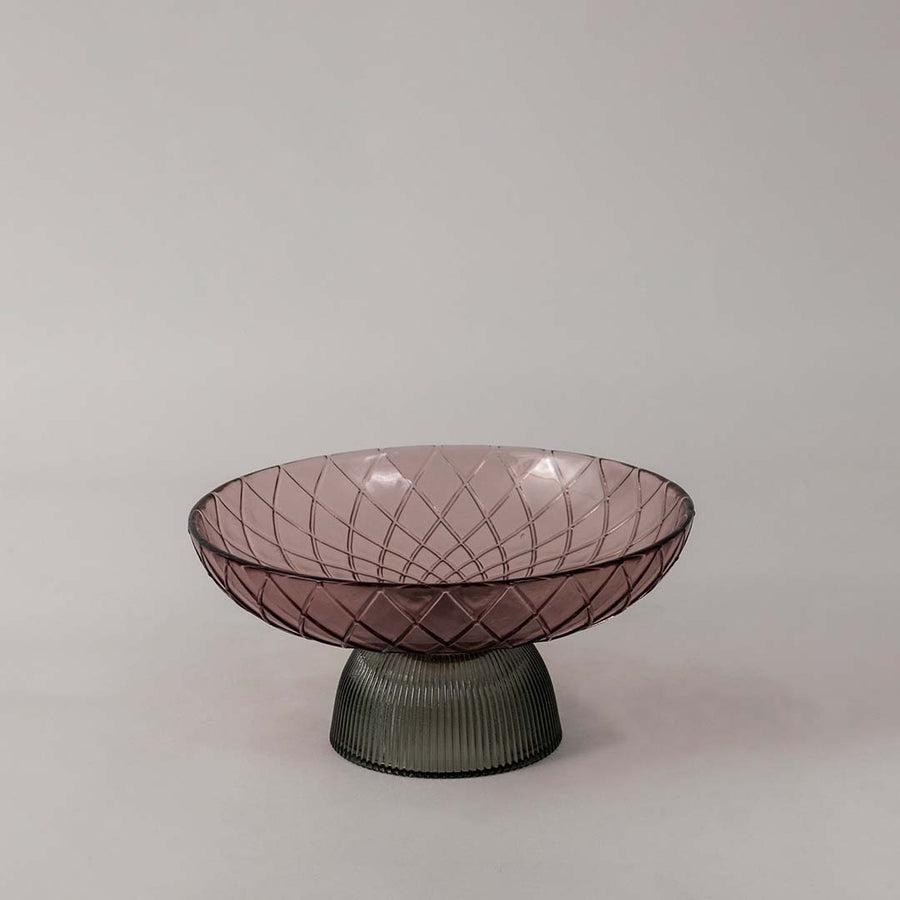 Elegant smoky brown glass bowl with textured surface and ribbed base showcased on clean white background for product detailing.