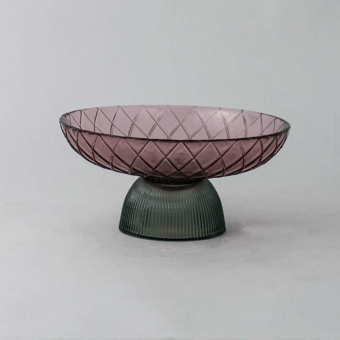 Smoky brown glass bowl with diamond texture and ribbed base displayed on white background for elegant modern decor styling.