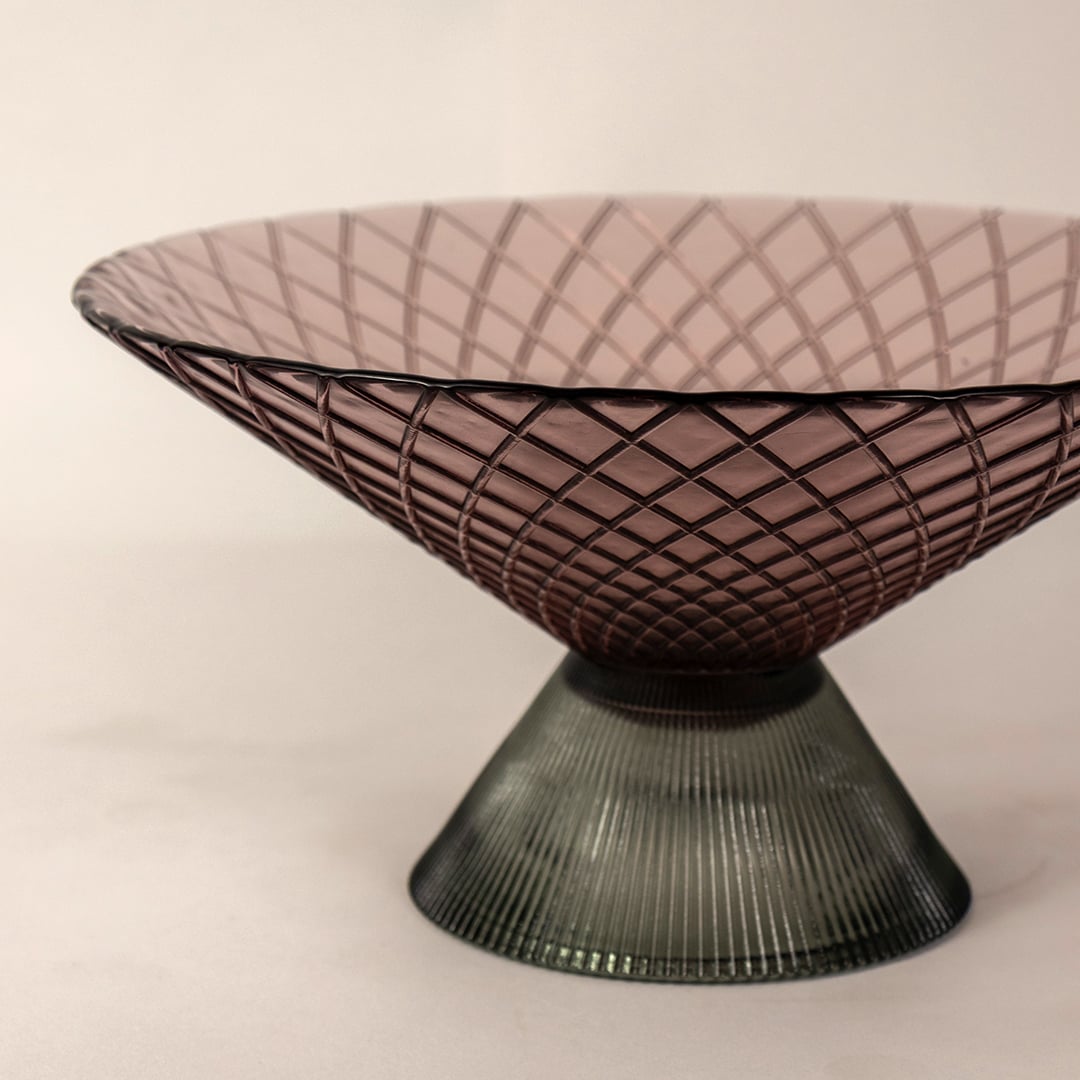 Closeup of smoky brown glass bowl showing detailed diamond pattern and ribbed matte base for premium artistic design.