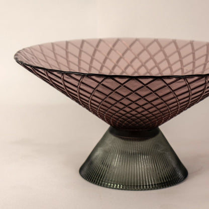 Closeup of smoky brown glass bowl showing detailed diamond pattern and ribbed matte base for premium artistic design.