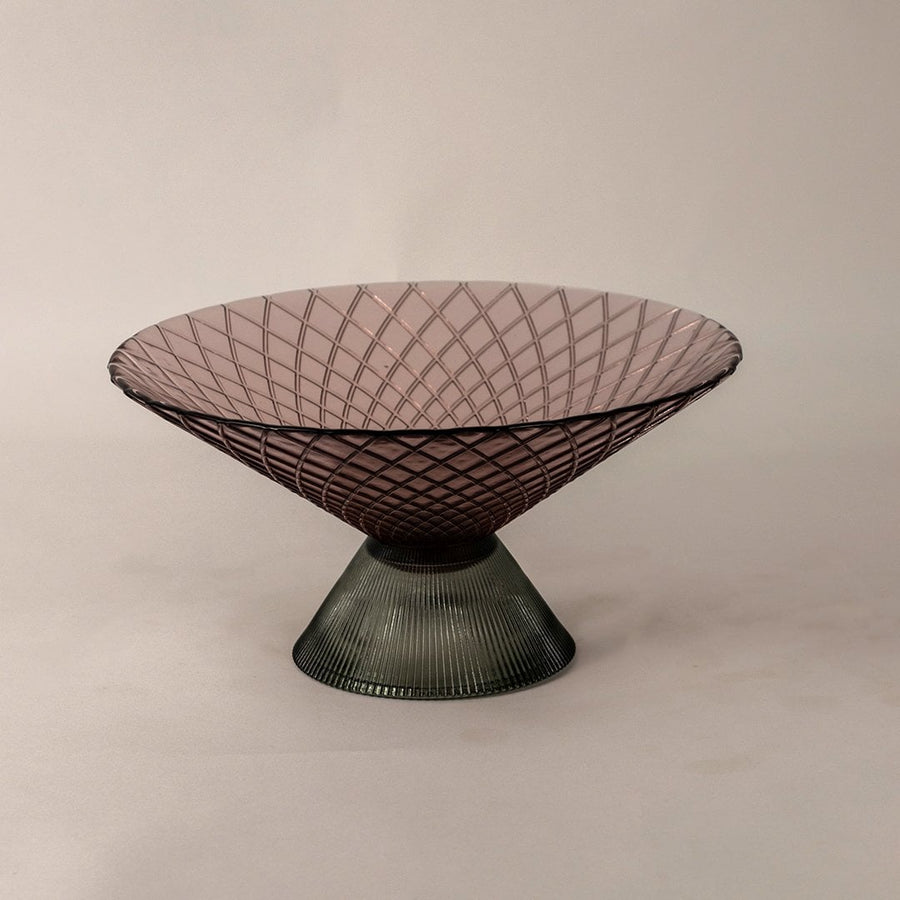 Smoky brown decorative bowl with intricate criss-cross pattern and ribbed black pedestal base displayed on white background.