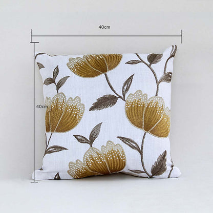 Elegant cushion cover featuring gold toned flowers displayed with width and height guides confirming its 40 cm x 40 cm dimension aiding users in selecting proper home décor sizing.