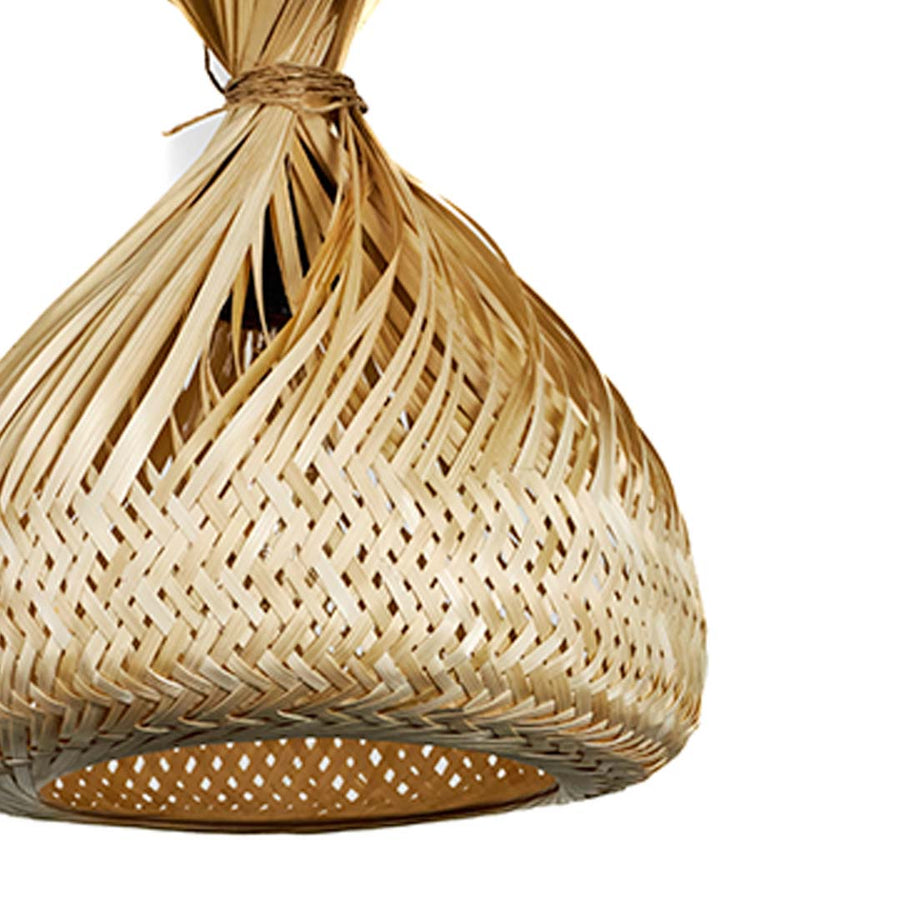 Closeup of rattan pendant light with tied top handcrafted woven shade showing natural texture and design.
