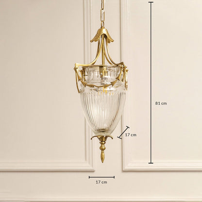 Dimension image of clear ribbed glass and antique brass pendant light showing 81 cm height and 17 cm width.
