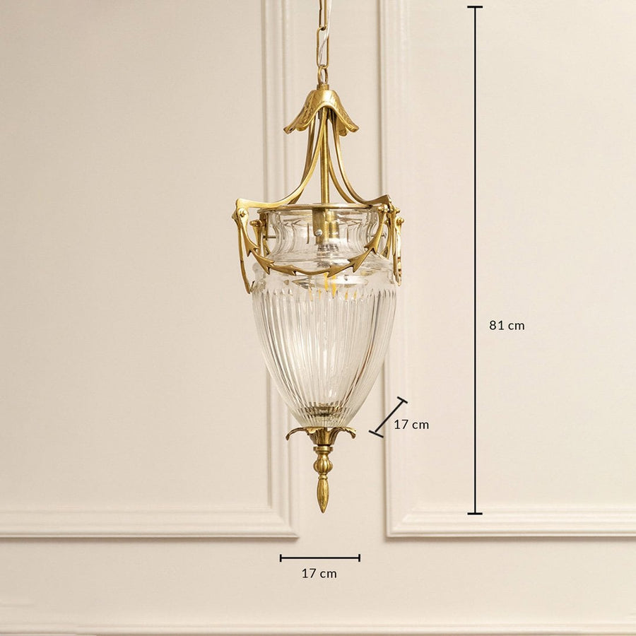 Dimension image of clear ribbed glass and antique brass pendant light showing 81 cm height and 17 cm width.