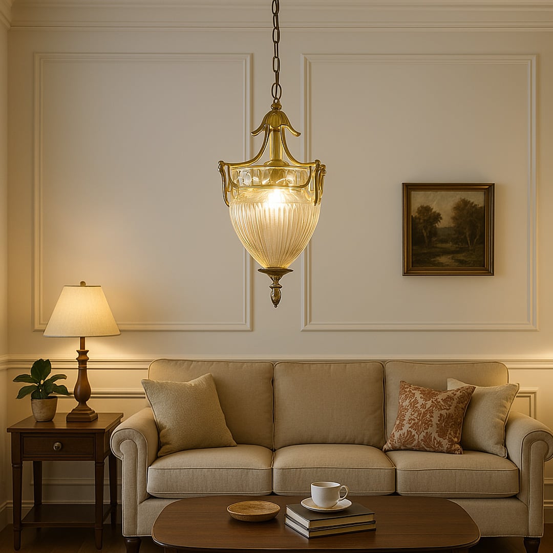 Pendant light with antique metal frame and textured glass shade enhancing modern living room decor with warm elegance.