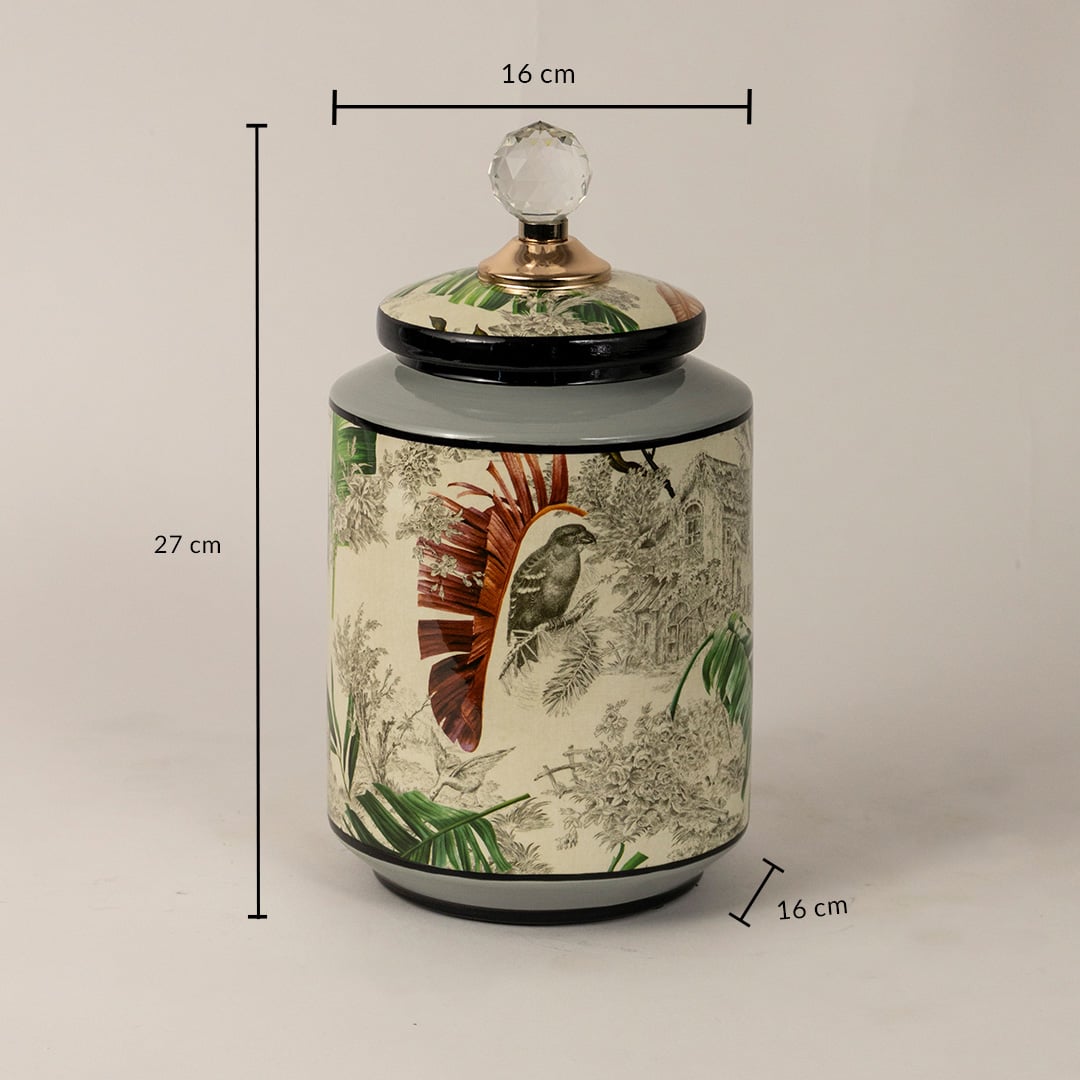 Tropical bird jar measuring 27 cm in height and 16 cm in diameter featuring bird and foliage design.