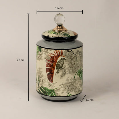 Tropical bird jar measuring 27 cm in height and 16 cm in diameter featuring bird and foliage design.