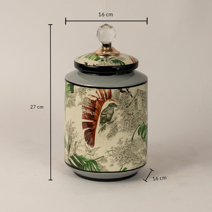Tropical bird jar measuring 27 cm in height and 16 cm in diameter featuring bird and foliage design.