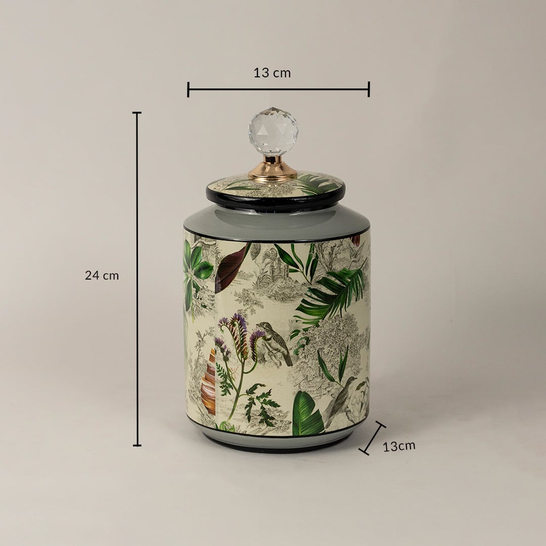 Tropical bird jar measuring 24 cm in height and 13 cm in diameter with nature-inspired botanical artwork.