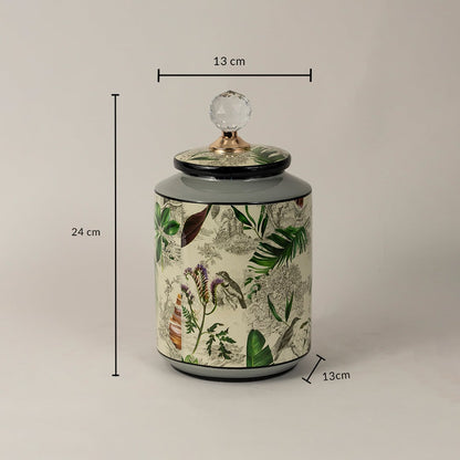Tropical bird jar measuring 24 cm in height and 13 cm in diameter with nature-inspired botanical artwork.