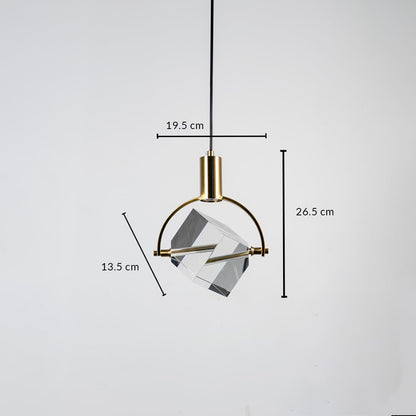 Crystal cube pendant light with golden frame shown with dimensions 26.5cm height 19.5cm width and 13.5cm cube
