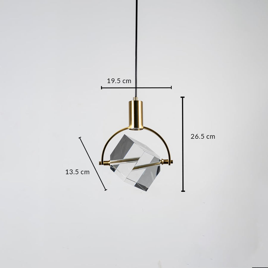 Crystal cube pendant light with golden frame shown with dimensions 26.5cm height 19.5cm width and 13.5cm cube