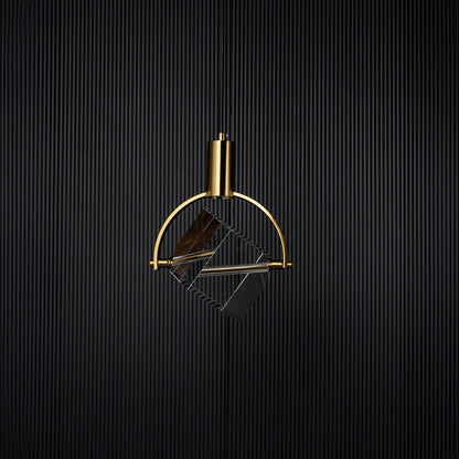 Crystal cube pendant light bulb off on black background with golden frame and clear cube design for home decor.