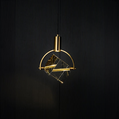 Crystal cube pendant light glowing on black background with golden frame and elegant modern design for interiors.
