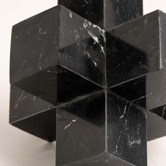 Black marble decorative sculpture with geometric cube design for luxury tabletop styling and modern home decor.