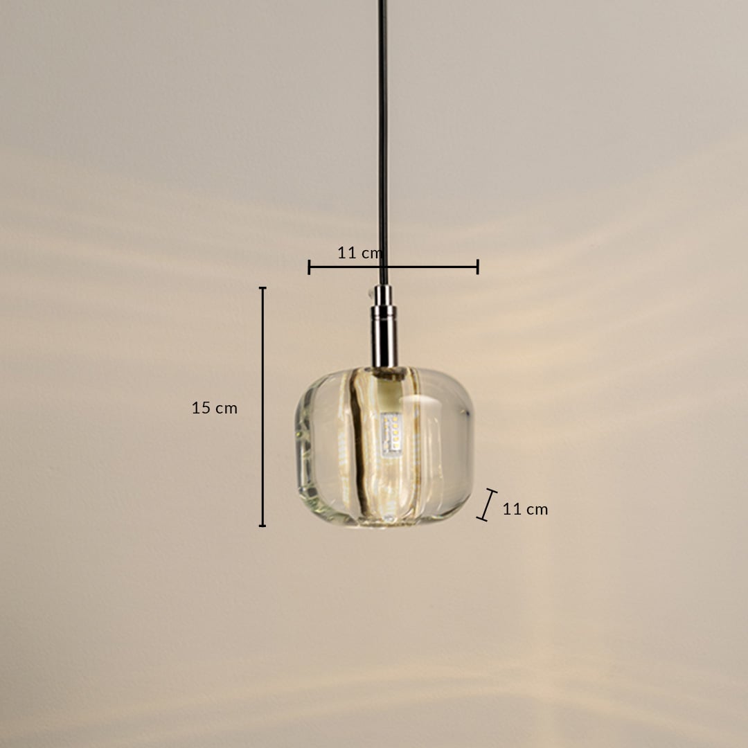 Dimensions of the amber pendant light 15 cm height and 11 cm width designed with a sleek glass shade for modern interiors.
