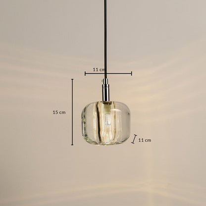 Dimensions of the amber pendant light 15 cm height and 11 cm width designed with a sleek glass shade for modern interiors.
