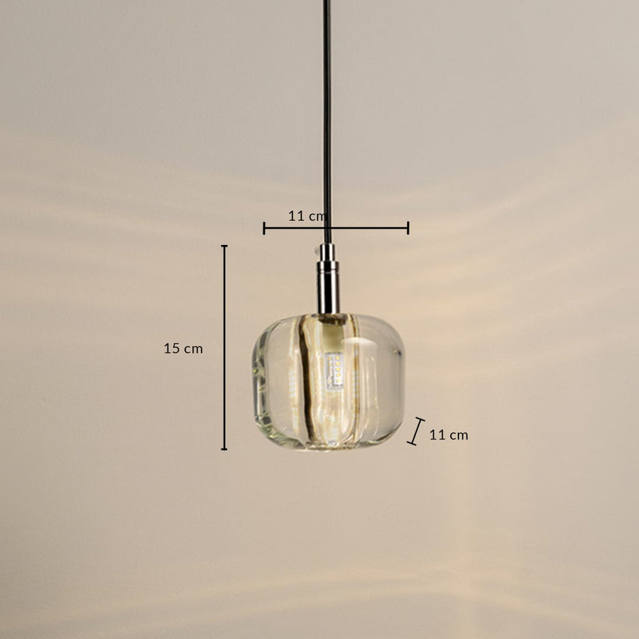 Dimensions of the amber pendant light 15 cm height and 11 cm width designed with a sleek glass shade for modern interiors.