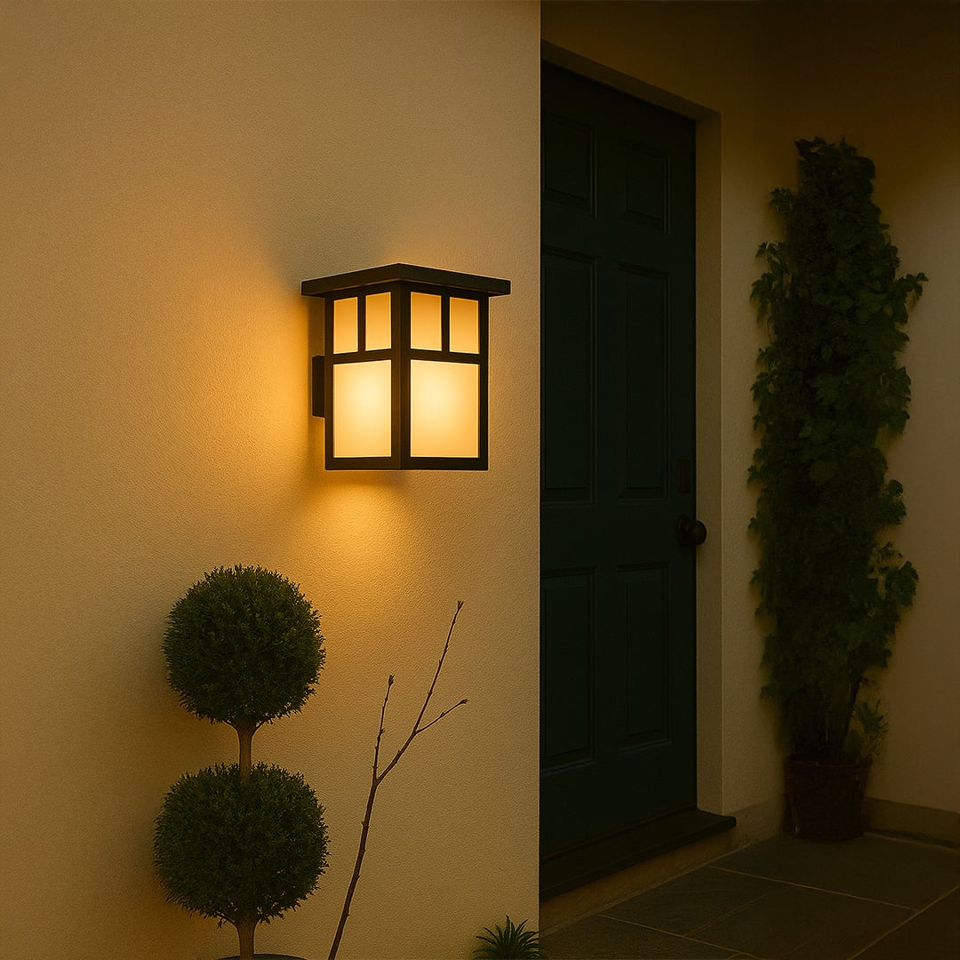 Modern black outdoor wall light with frosted panels creating a clean geometric look in a minimal setting.