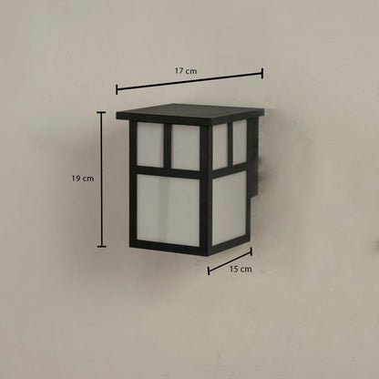 Outdoor wall light showing 19 cm height 17 cm width and 15 cm depth with a modern geometric structure.