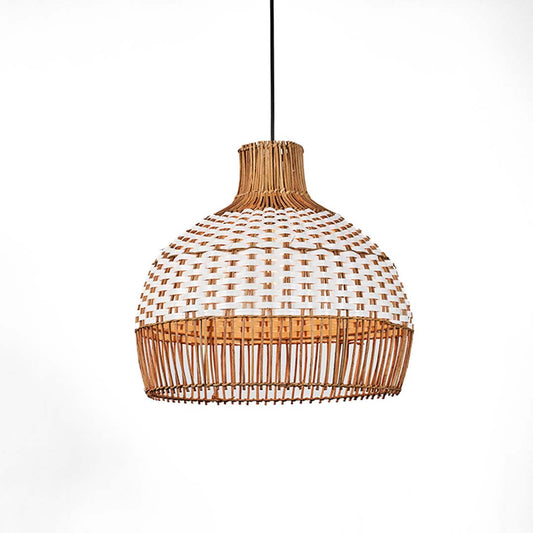 Cane pendant light with white and natural woven pattern and dome shape hanging against minimal neutral wall background for airy contemporary decor.
